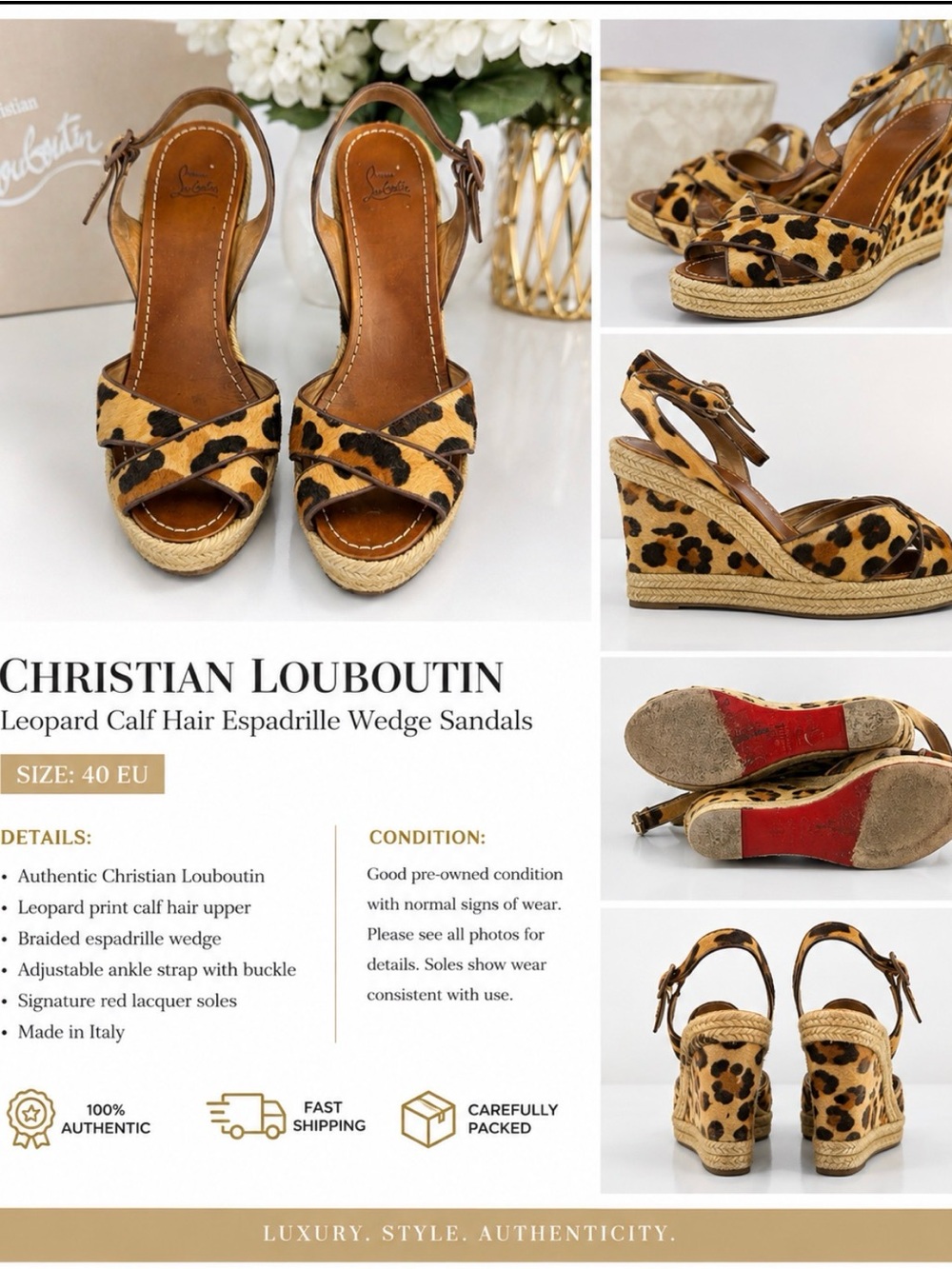 Christian Louboutin Leopard Calf Hair Espadrille Wedge Sandals - Brown/Black